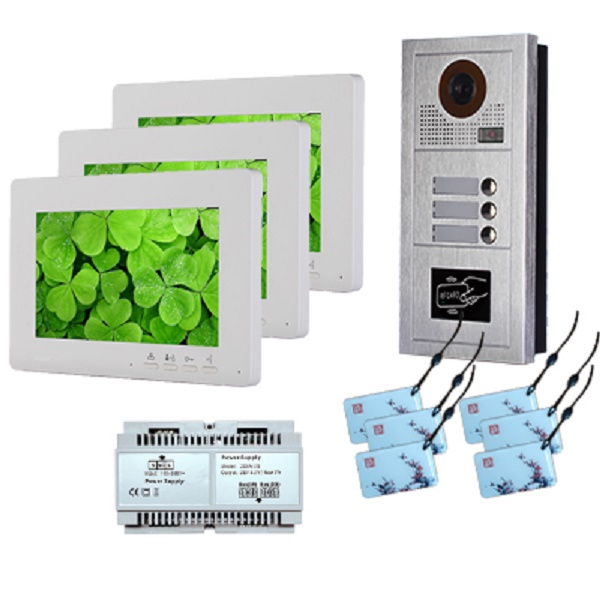 Komplet 2-Wire vanjska fisheye RFID jedinica 3 tipke, 3 × unutarnja jedinica 7″, 6 × Mifare EM125 kHz kartice
