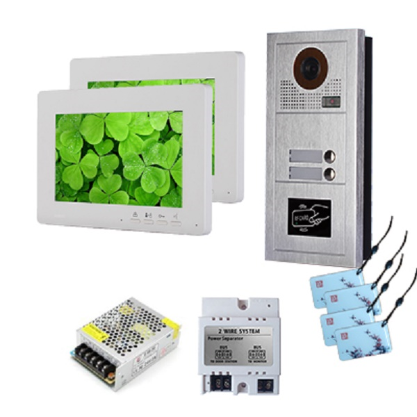 Komplet 2-Wire vanjska fisheye RFID jedinica 2 tipke + 2x unutarnja jedinica 7" + 4x CRD MIFARE + EM125KHZ