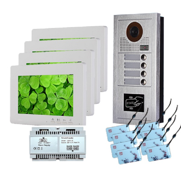 Komplet 2-Wire vanjska fisheye RFID jedinica 4 tipke + 4× unutarnja jedinica 7" + 8× RFID kartica EM 125 kHz