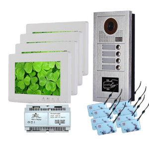 KOMPLET 2-WIRE VANJSKA FISHEYE RFID JEDINICA 4 TIPKE + 4x UNUTARNJA JEDINICA 7" + 8x CRD MIFARE + EM125KHZ